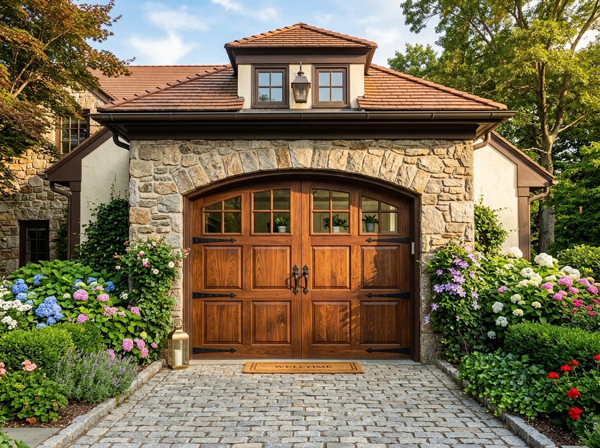 Puerta de cochera estilo granero Carriage House con madera y herrajes